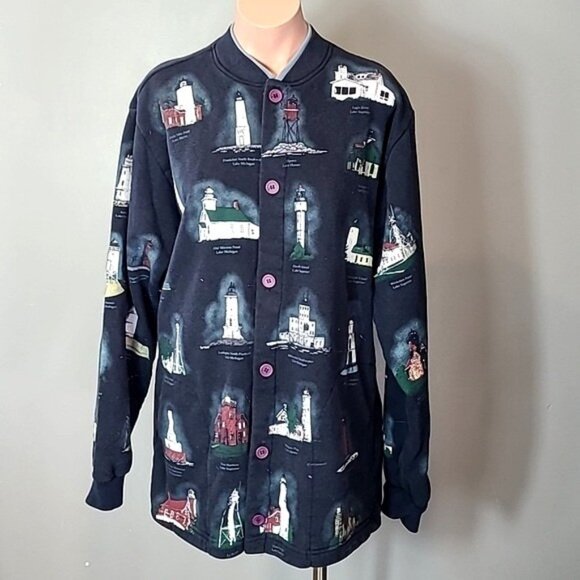 Lighthouse Vintage Artisan Sweatshirt Cardigan Michigan 90s Oversized Size Large - Picture 1 of 10